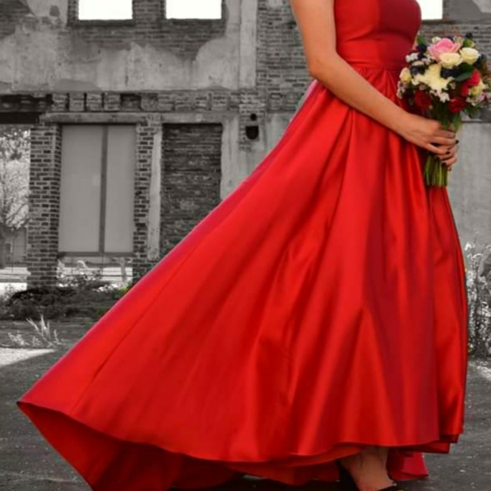 Betsy Adam prom dress, red satin, strapless